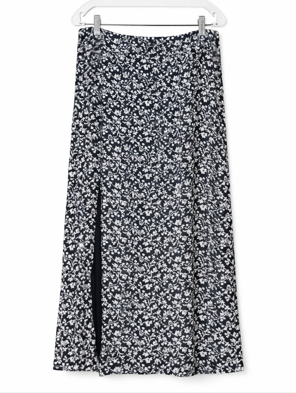 Maeve Anthropologie Black White Ditsy Floral Print Front Slit Lined Midi Skirt
